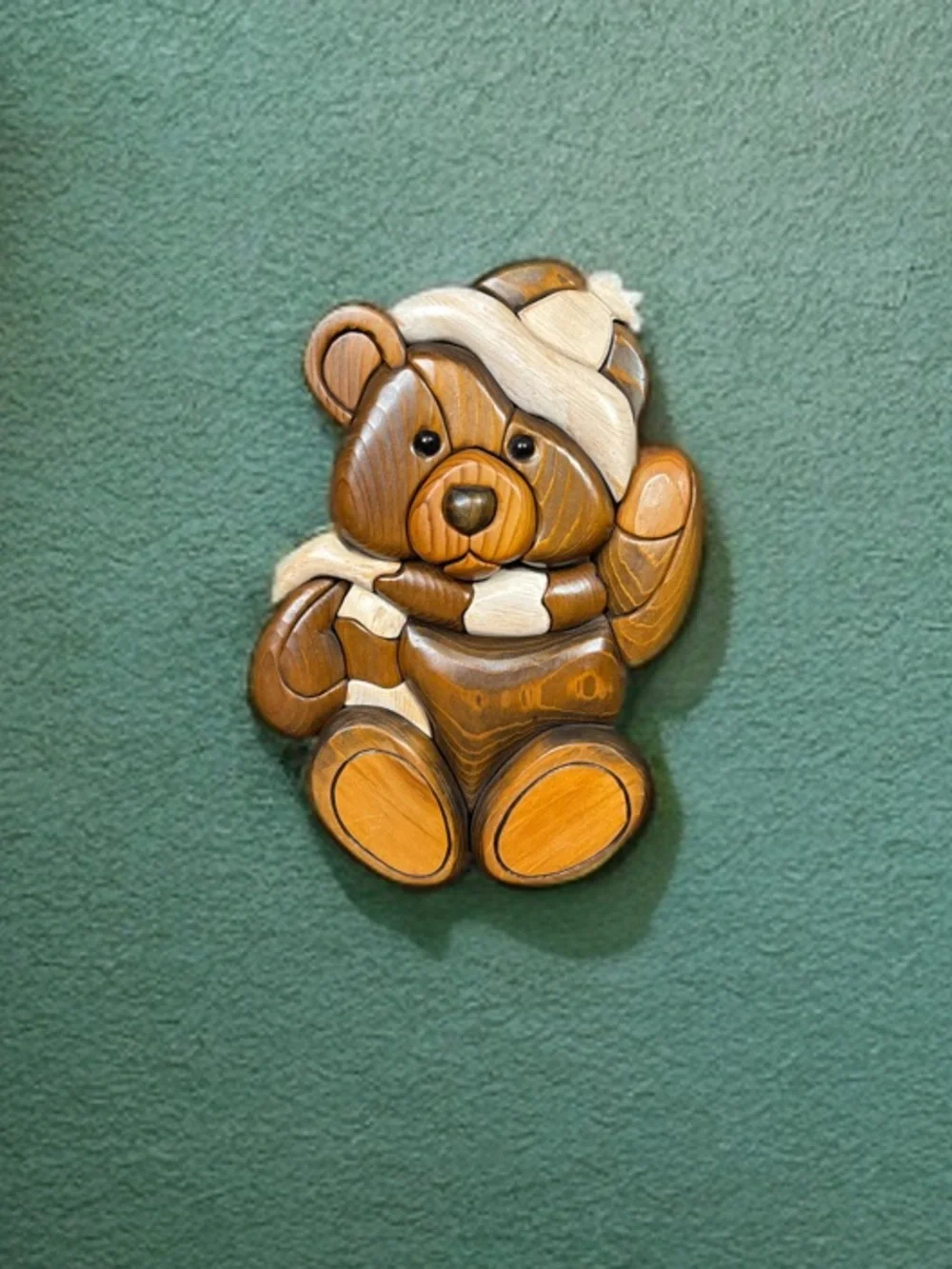 Handmade wooden Intarsia wall hanging Teddy Bear  10”